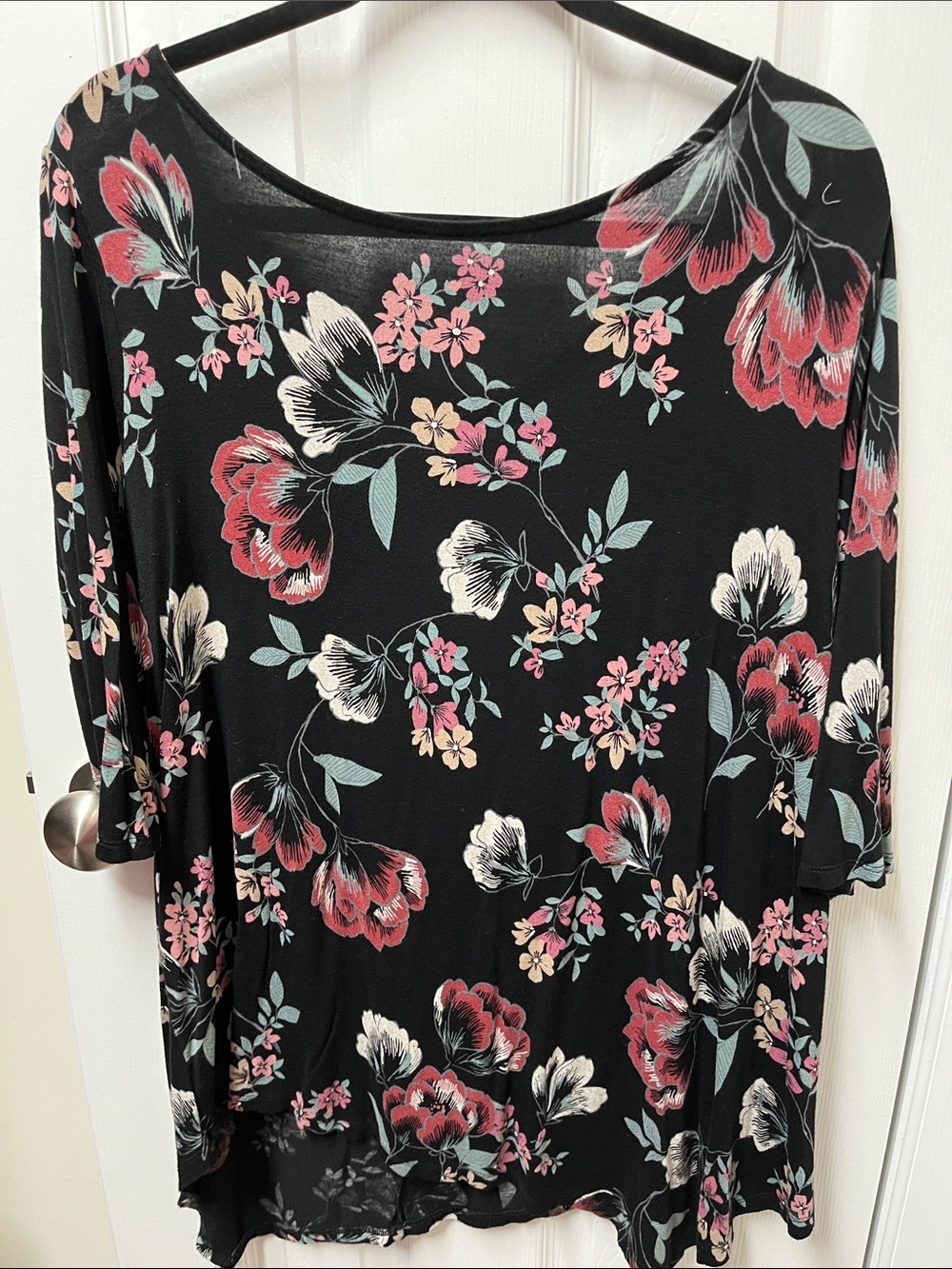 Terra & Sky Black Floral Scoop Neck Tunic with Pink & Cream Blooms